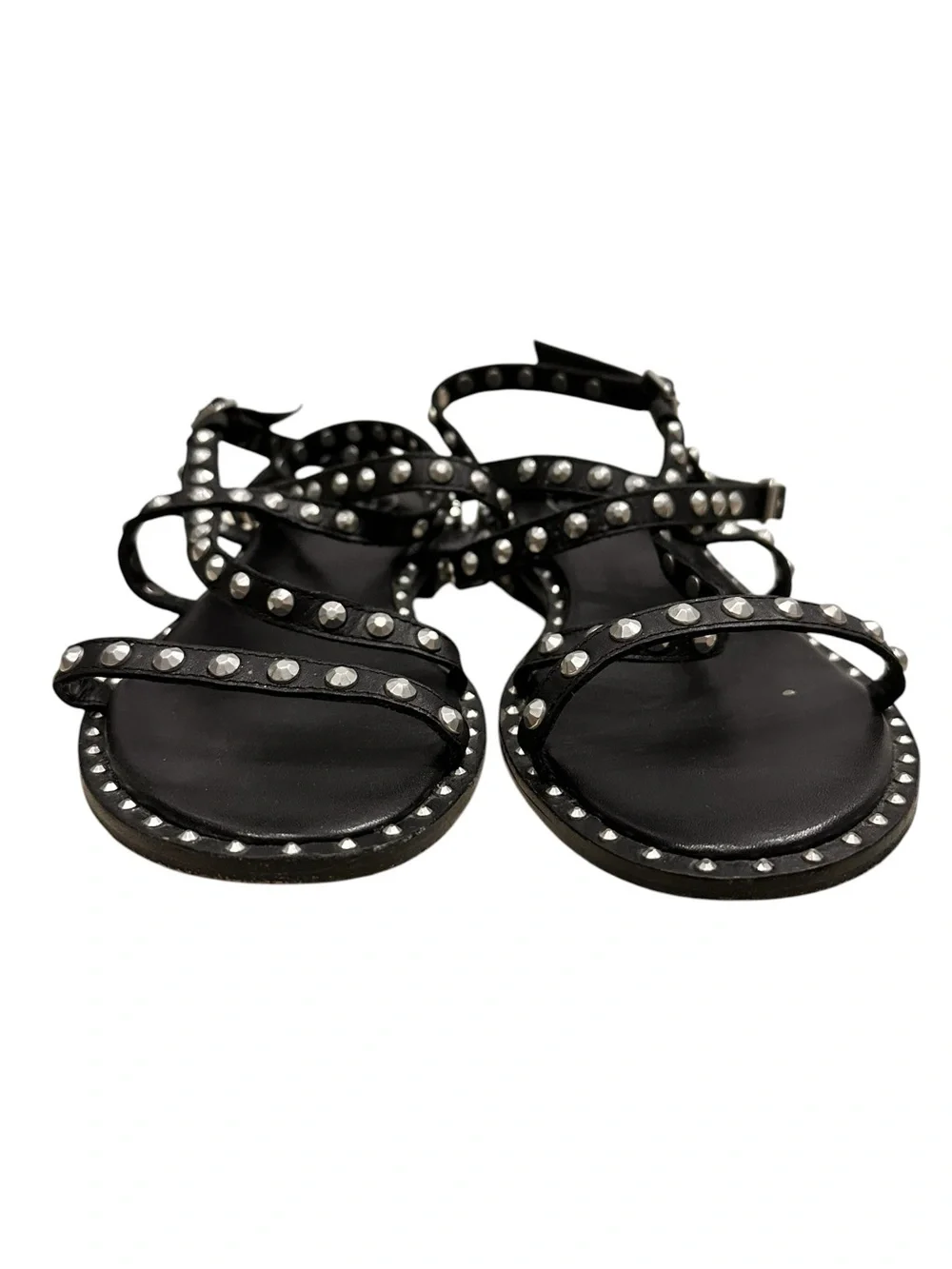 ASH Petra Silver Studded Buttery Black Leather Strappy Flat Sandal Size EU 39